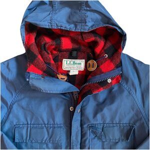 Vintage 80s LL Bean Baxter State Parka Small Navy Blue Buffalo Plaid Wool Lined